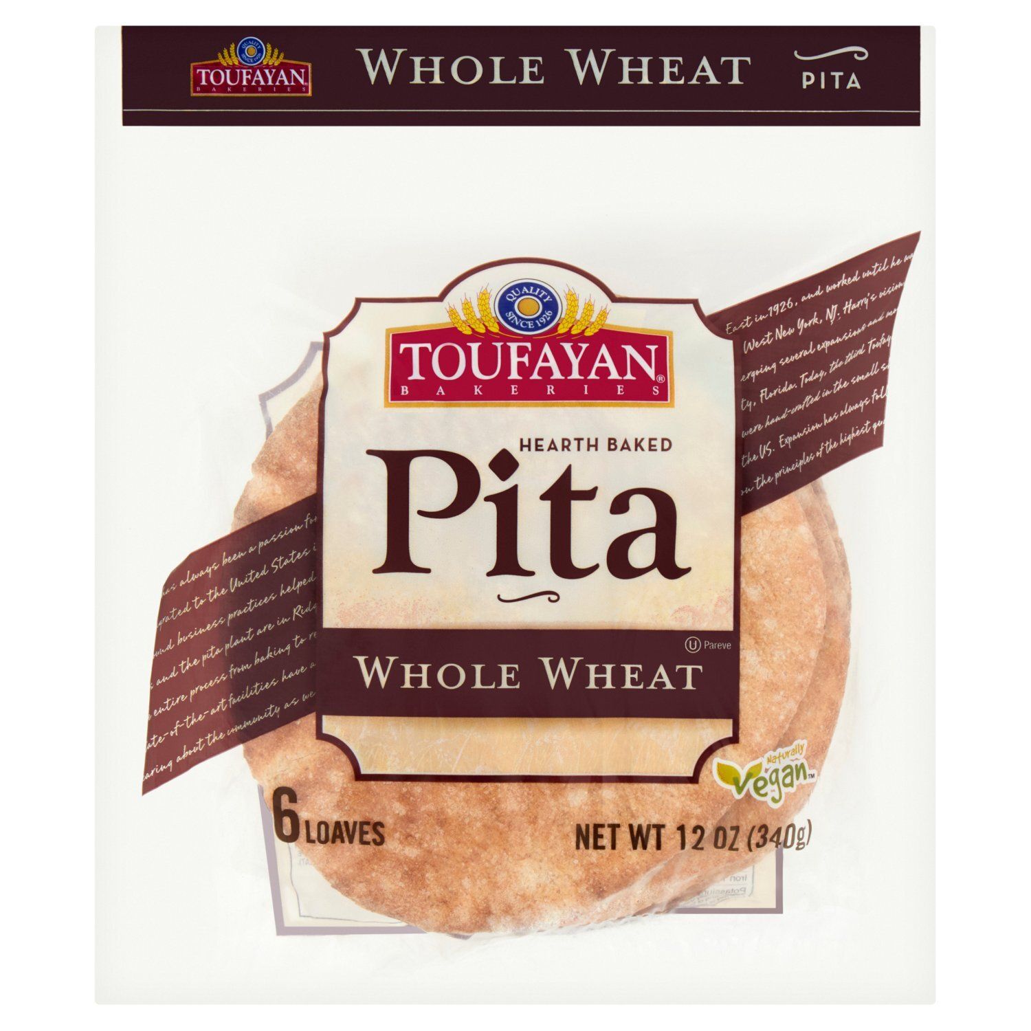 Toufayan Bakeries Hearth Baked Whole Wheat Pita, 6 count, 12 oz