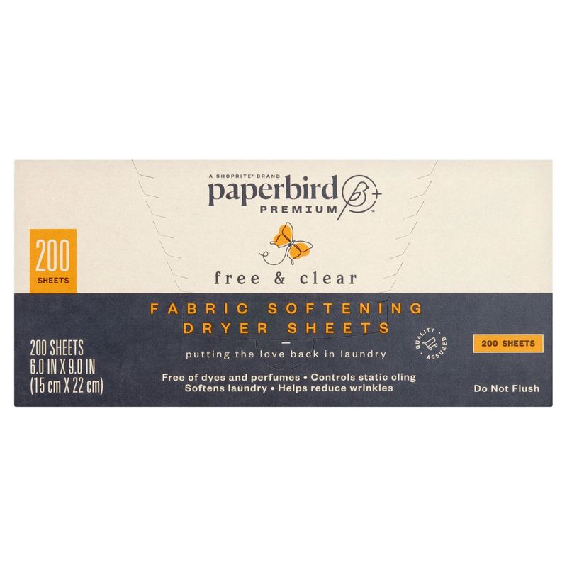 Paperbird Premium Free &amp; Clear Fabric Softening Dryer Sheets, 200 count
