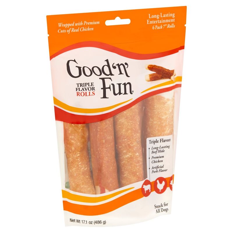 Good 'n' Fun 7" Rolls Triple Flavor Rolls Snack for All Dogs, 6 count, 17.1 oz