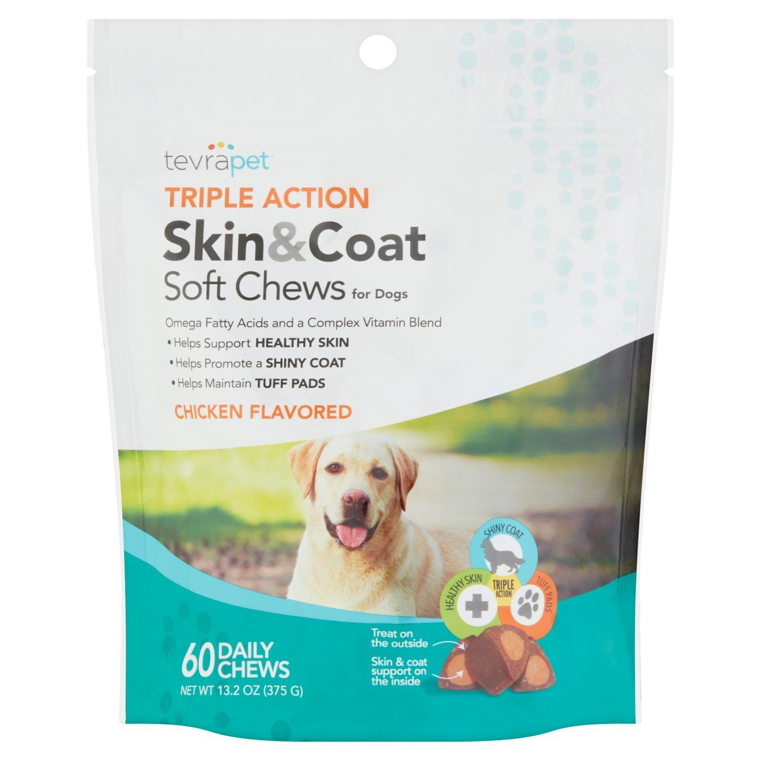 TevraPet Triple Action Skin &amp; Coat Chicken Flavored Soft Chews for Dogs, 60 count, 13.2 oz