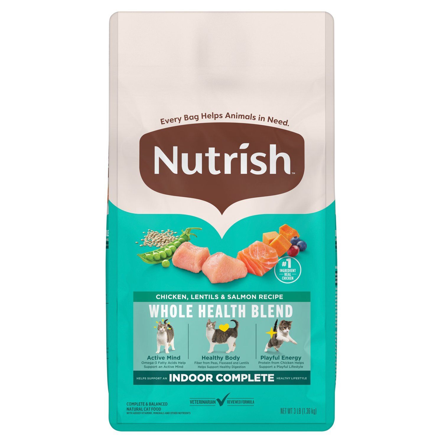 Nutrish Chicken, Lentils &amp; Salmon Recipe Complete &amp; Balanced Natural Cat Food, 3 lb