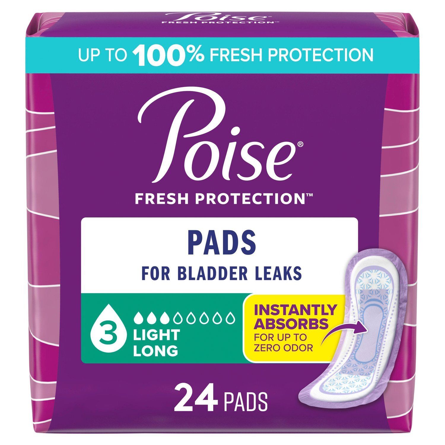 Poise Fresh Protection Light Long Pads, 24 count