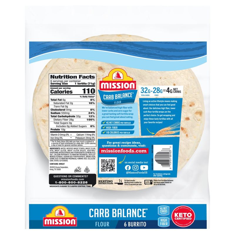 Mission Carb Balance Burrito Flour Tortilla Wraps, 6 count, 15 oz