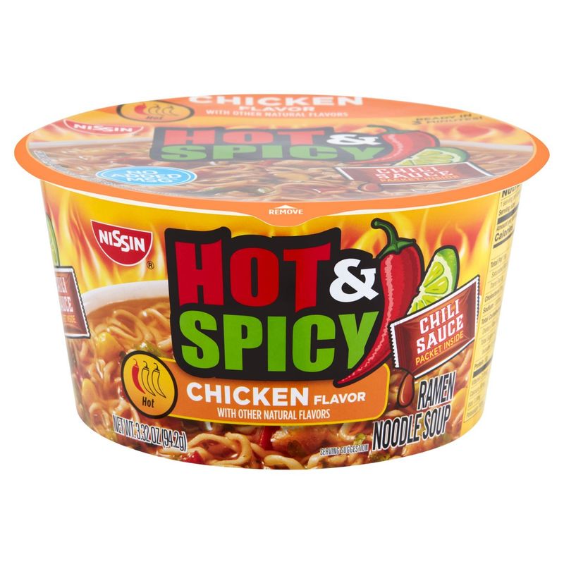 Nissin Chicken Flavor Hot &amp; Spicy Ramen Noodle Soup, 3.32 oz