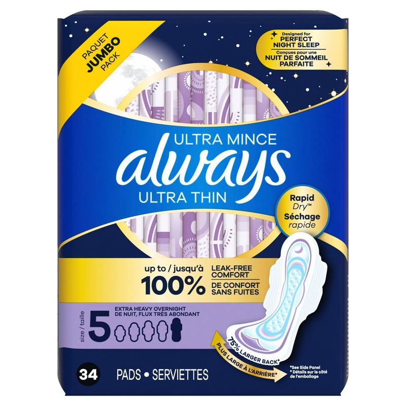 Always Ultra Thin Extra Heavy Overnight Flexi-Wings Pads 3+ Month Pack, Size 5, 34 count