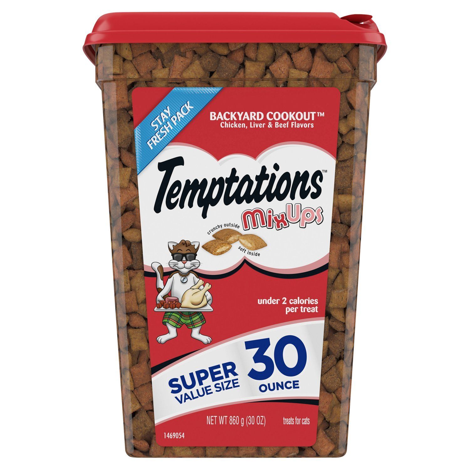 TEMPTATIONS MIXUPS Crunchy and Soft Cat Treats Backyard Cookout Flavor, 30 oz. Tub