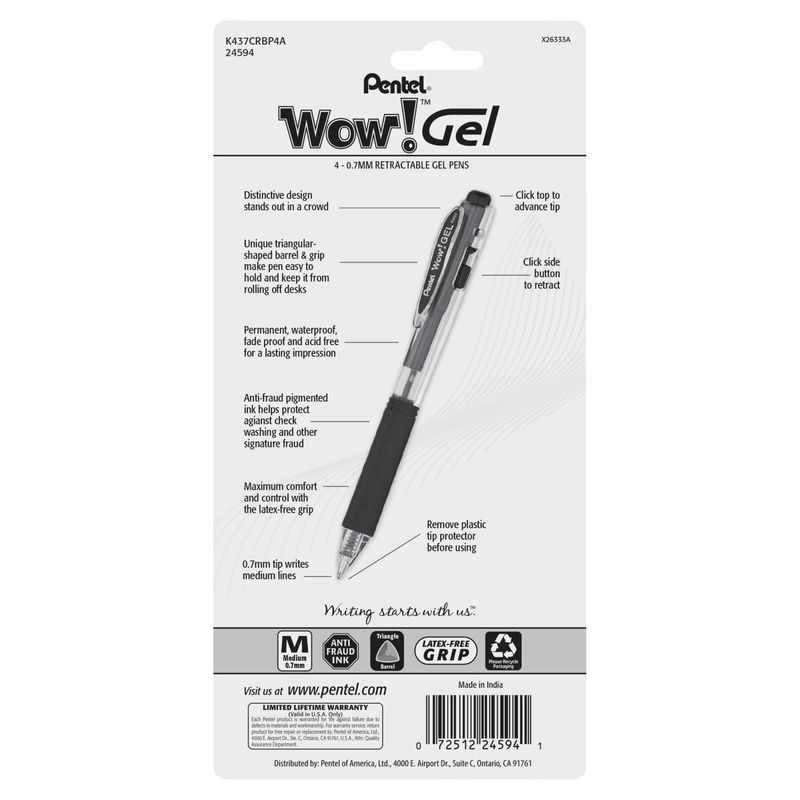Pentel Wow! Medium 0.7mm Black Ink Gel Pen, 4 count