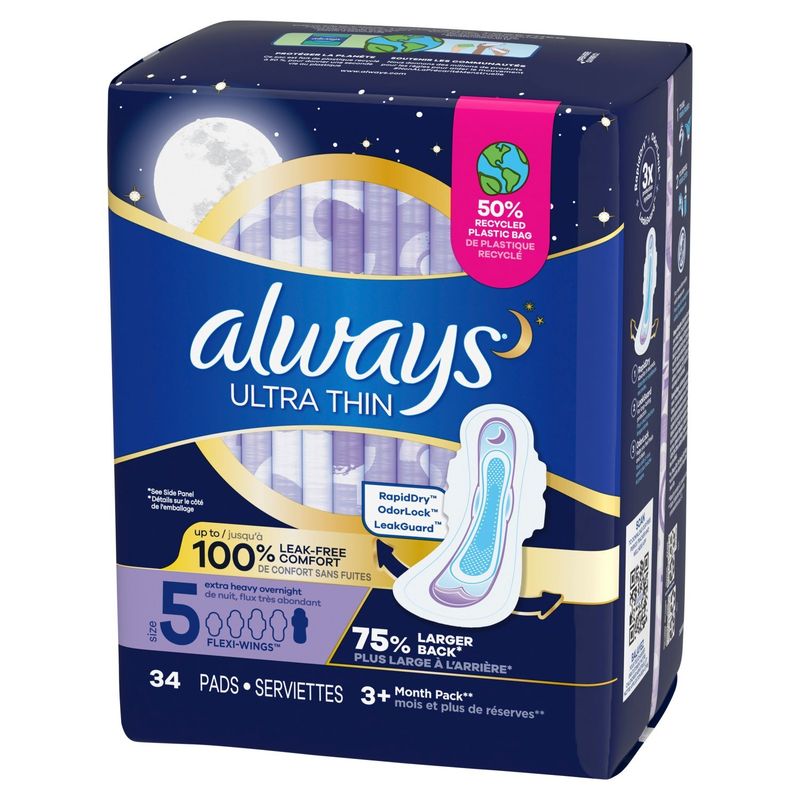 Always Ultra Thin Extra Heavy Overnight Flexi-Wings Pads 3+ Month Pack, Size 5, 34 count