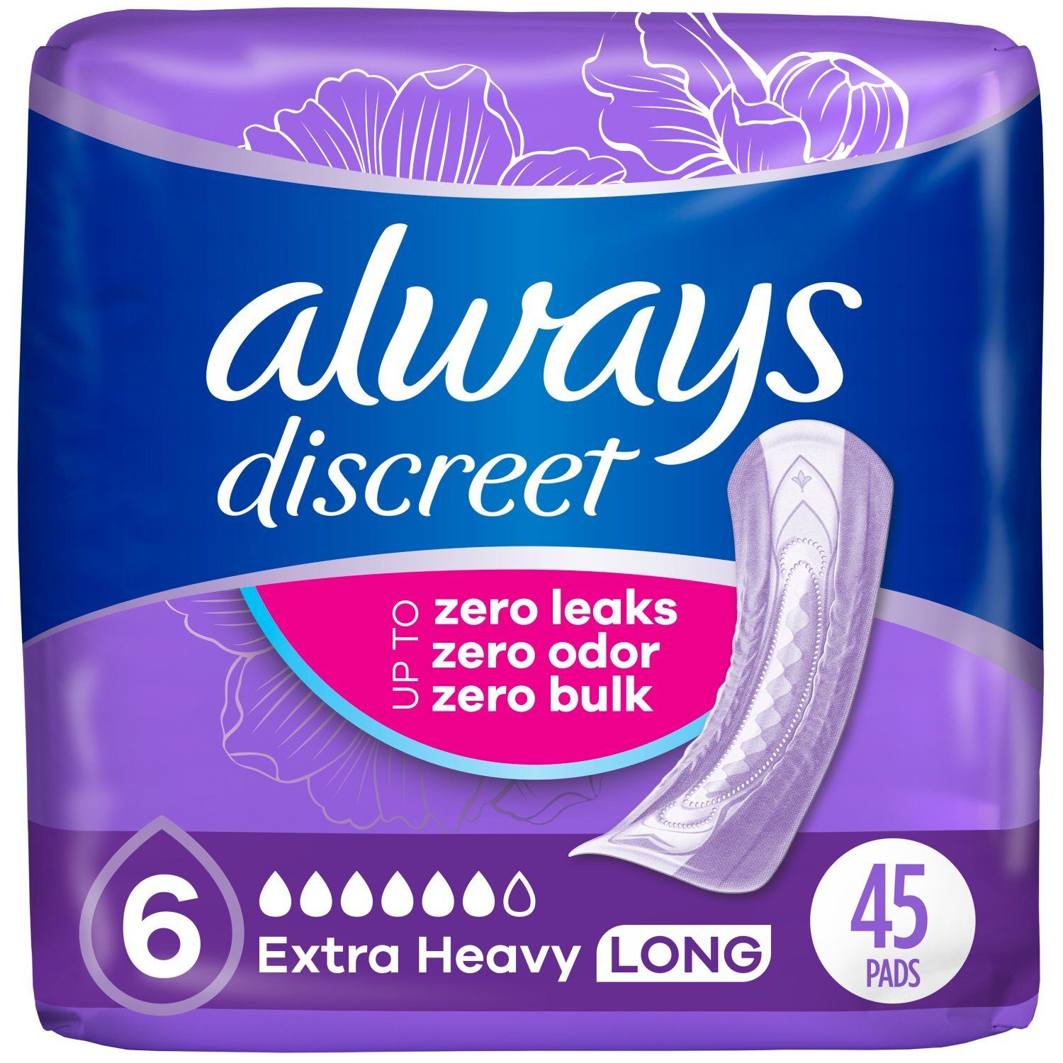 Always Discreet Adult Incontinence Pads for Women, Extra Heavy Absorbency, Long Length, Postpartum