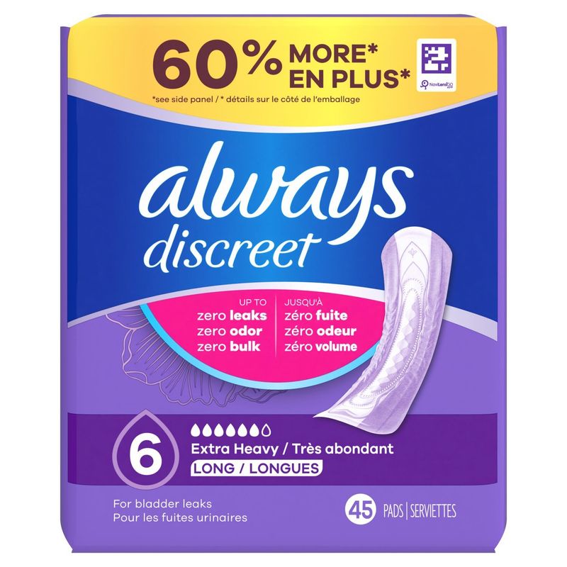 Always Discreet Adult Incontinence Pads for Women, Extra Heavy Absorbency, Long Length, Postpartum