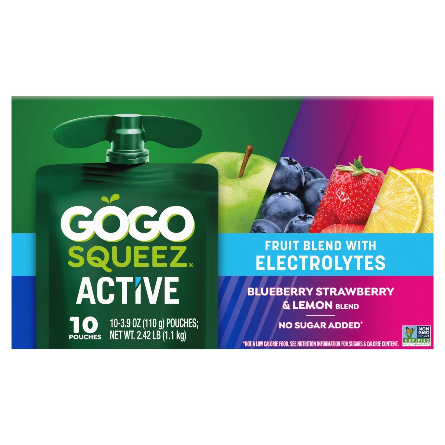 GoGo Squeez Active Blueberry, Strawberry &amp; Lemon Fruit Blend with Electrolytes, 3.9 oz, 10 count