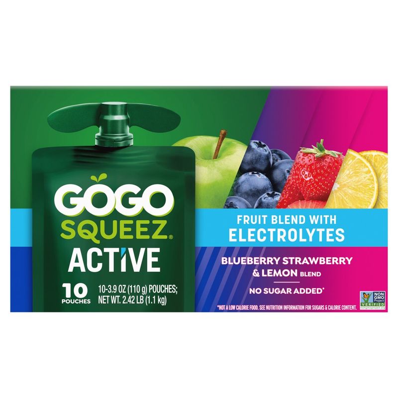 GoGo Squeez Active Blueberry, Strawberry &amp; Lemon Fruit Blend with Electrolytes, 3.9 oz, 10 count