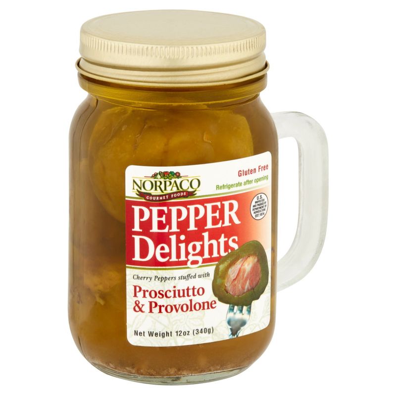 Norpaco Gourmet Foods Pepper Delights Cherry Peppers Stuffed with Prosciutto &amp; Provolone, 12 oz