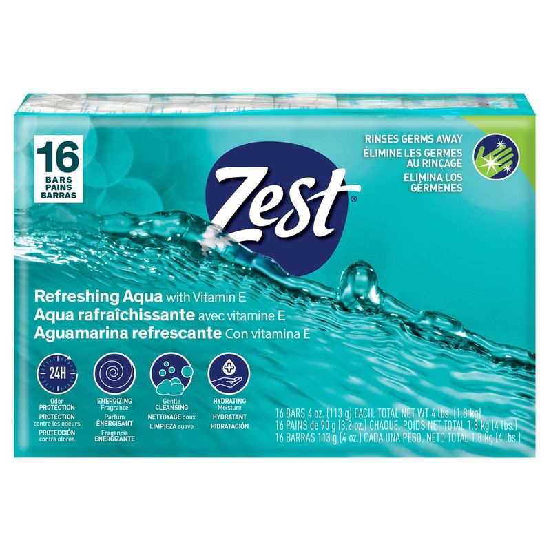 Zest Refreshing Aqua with Vitamin E Bar Soap, 4 oz, 16 count