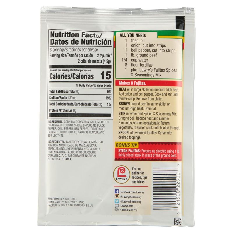 Lawry's Fajitas Spices &amp; Seasonings Mix, 1.27 oz