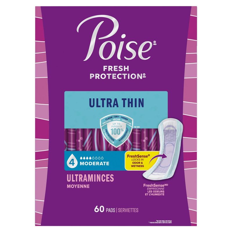 Poise Fresh Protection Moderate Ultra Thin Pads, 60 count