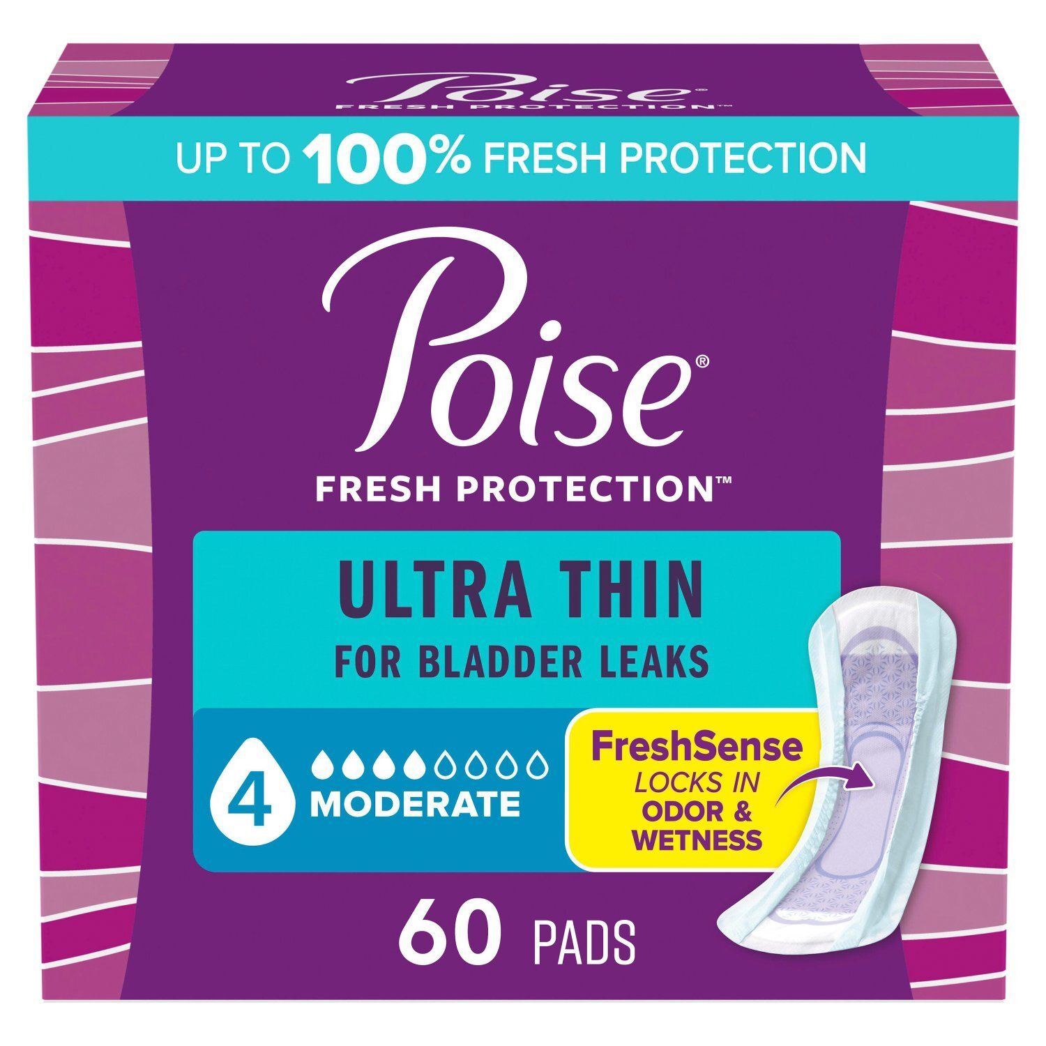Poise Fresh Protection Moderate Ultra Thin Pads, 60 count