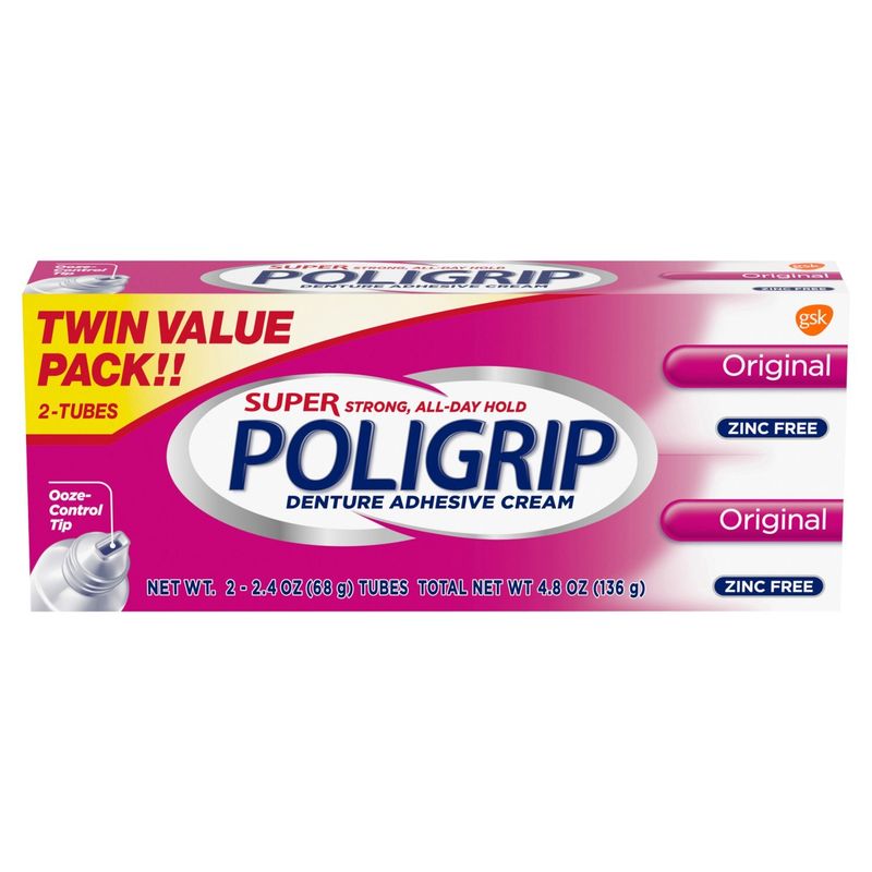 Super Poligrip Original Formula Zinc Free Denture and Partials Adhesive Cream, 2.4 ounce (Twin Pack)