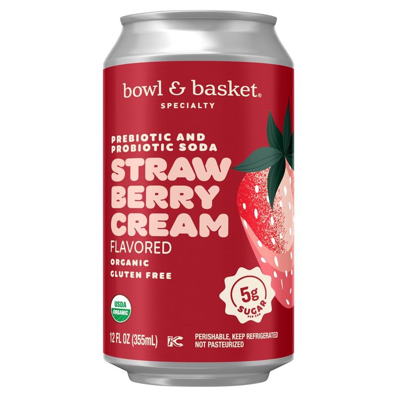 Bowl &amp; Basket Specialty Strawberry Cream Flavored Organic Prebiotic and Probiotic Soda, 12 fl oz