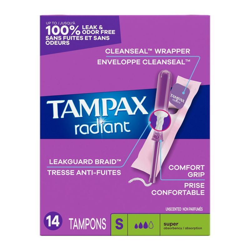 Tampax Radiant Tampons, with LeakGuard Braid, Super Absorbency, Unscented, 14 Count