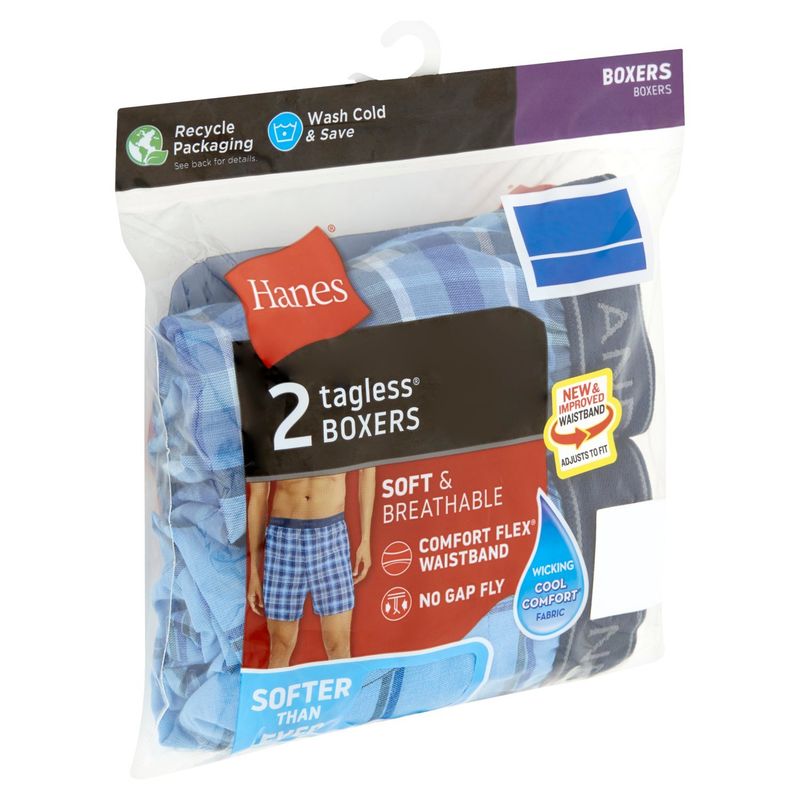 Hanes Men's Tagless Blue Plaid Boxers, XL, 2 count