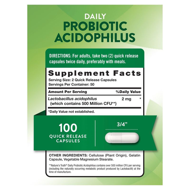 Nature's Truth Daily Probiotic Acidophilus Stomach Friendly Dietary Supplement, 100 count