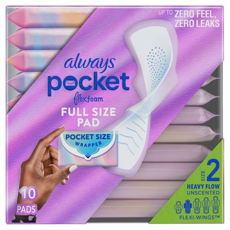Always Pocket with FlexFoam Pads, Size 2, Heavy Flow, with Wings, Unscented, 10 CT