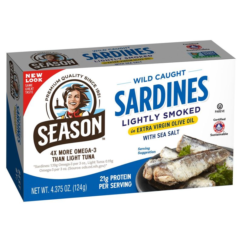 Season Lightly Smoked Sardines in Extra Virgin Olive Oil with Sea Salt, 4.375 oz