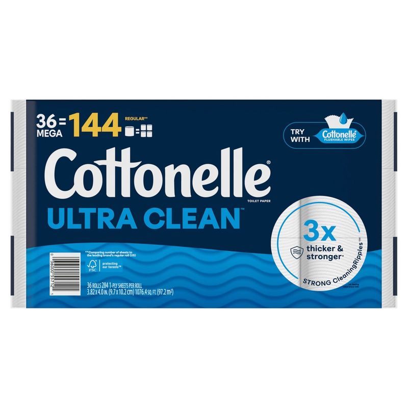 Cottonelle Ultra Clean Toilet Paper Rolls, 284 1-ply sheets per roll, 36 count