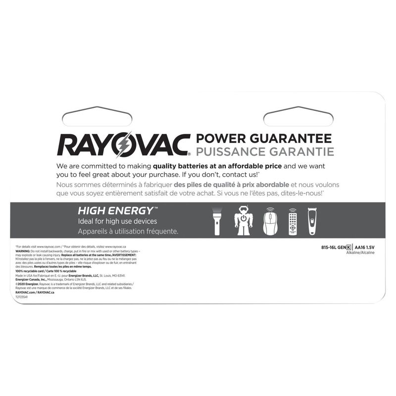 Rayovac High Energy AA 1.5V Alkaline Batteries, 16 count