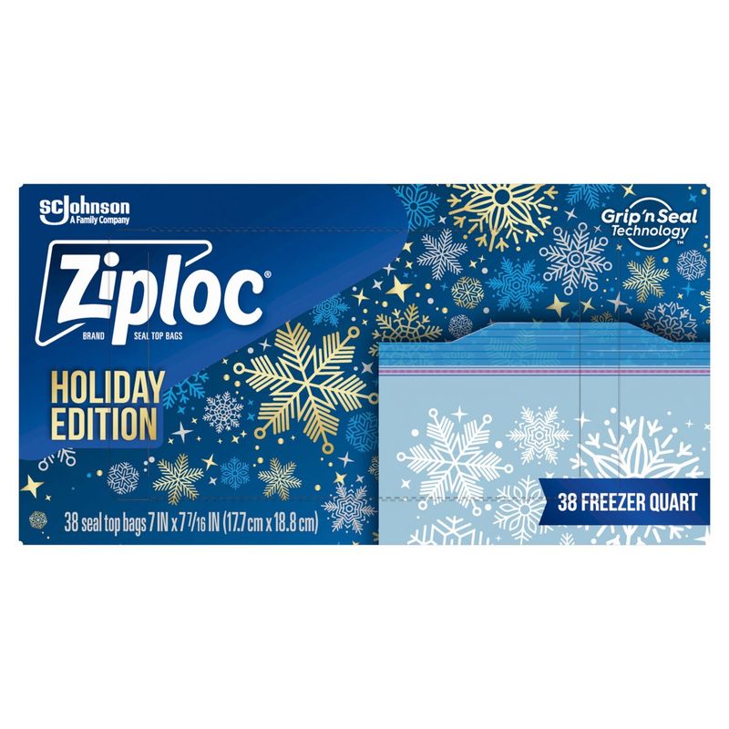 Ziploc Brand Freezer Quart Seal Top Bags Holiday Edition, 38 count