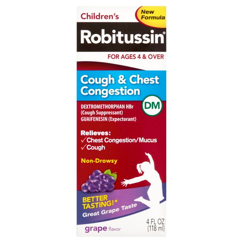 Robitussin DM Children's Grape Flavor Cough &amp; Chest Congestion Liquid, For Ages 4 &amp; Over, 4 fl oz