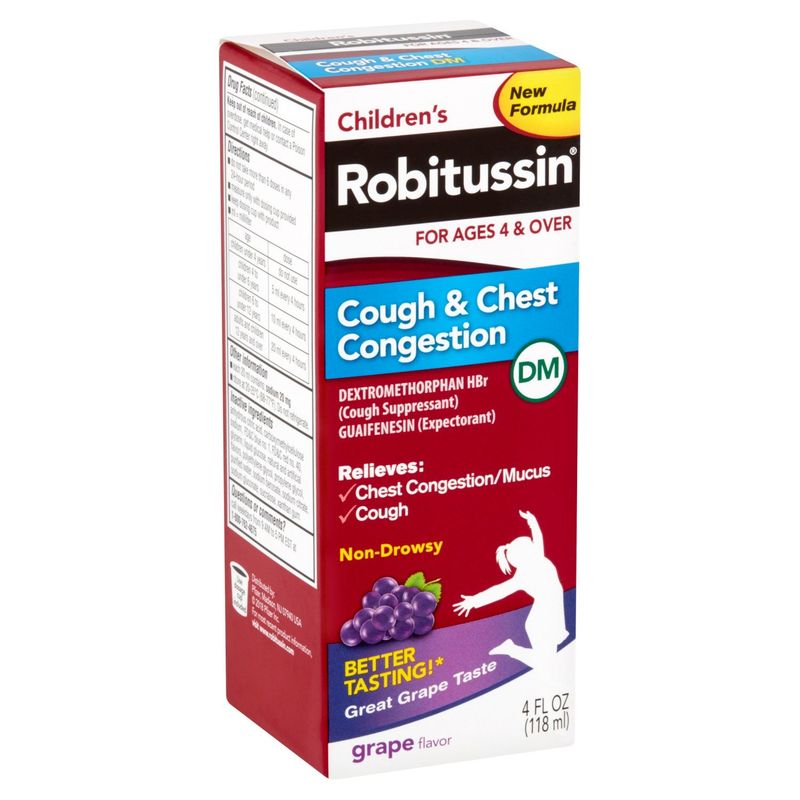 Robitussin DM Children's Grape Flavor Cough &amp; Chest Congestion Liquid, For Ages 4 &amp; Over, 4 fl oz