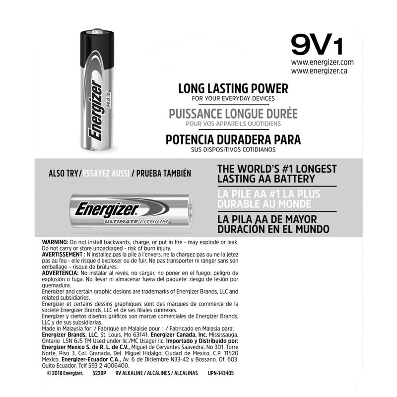 Energizer Max 9V Alkaline Batteries