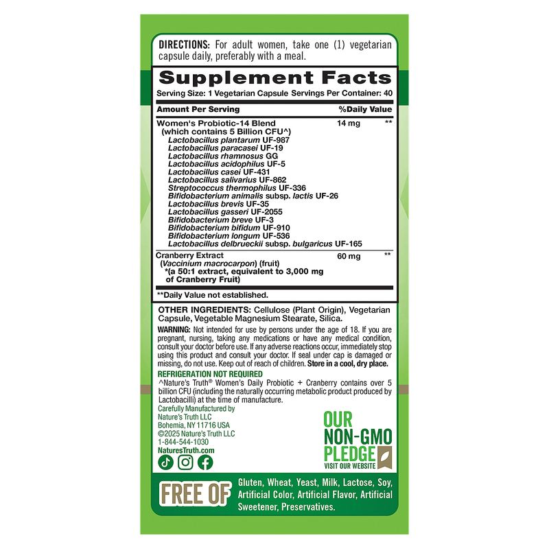 Nature's Truth Women's Daily Probiotic + Cranberry Dietary Supplement, 40 count