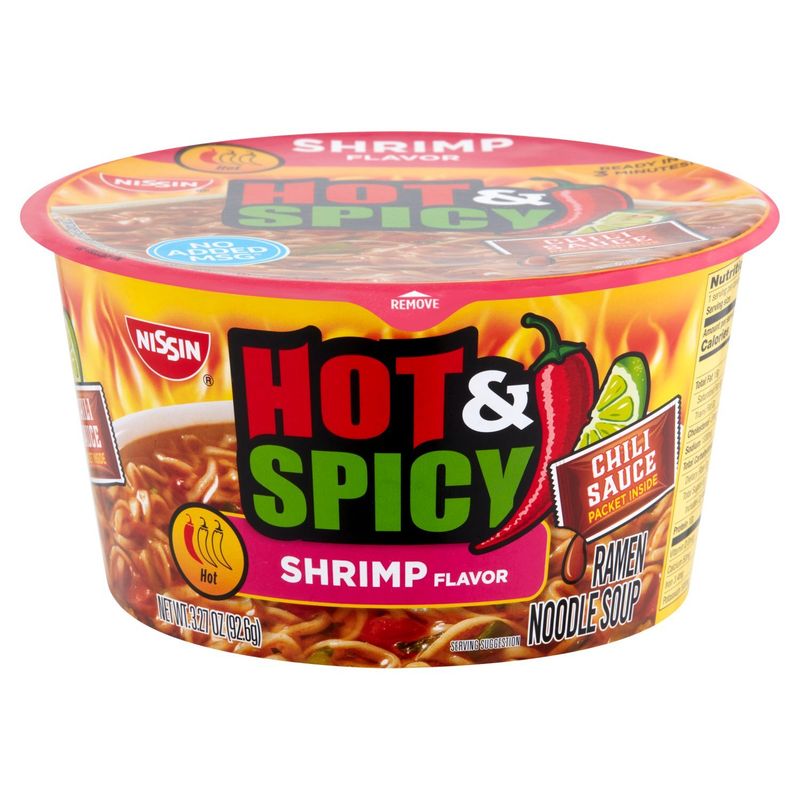 Nissin Hot &amp; Spicy Shrimp Flavor Ramen Noodle Soup, 3.27 oz