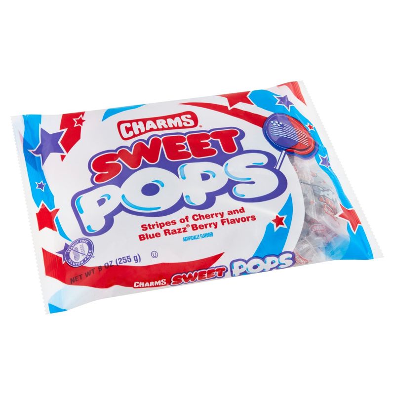 Charms Stripes of Cherry and Blue Razz Berry Flavors Sweet Pops, 9 oz