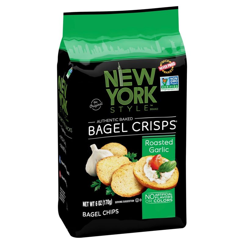New York Style Bagel Crisps The Original Authentic Baked Roasted Garlic Bagel Chips, 6 oz