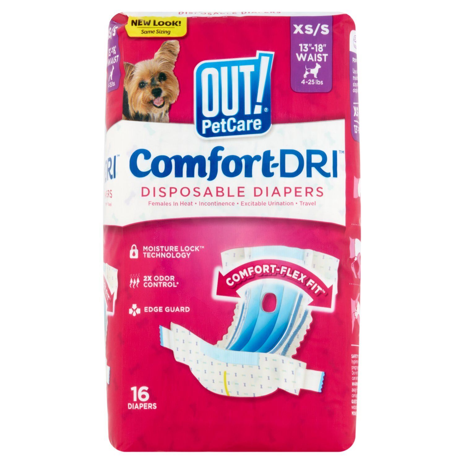 Out! PetCare Comfort-DRI Disposable Diapers, XS/S, 4-25 lbs, 16 count