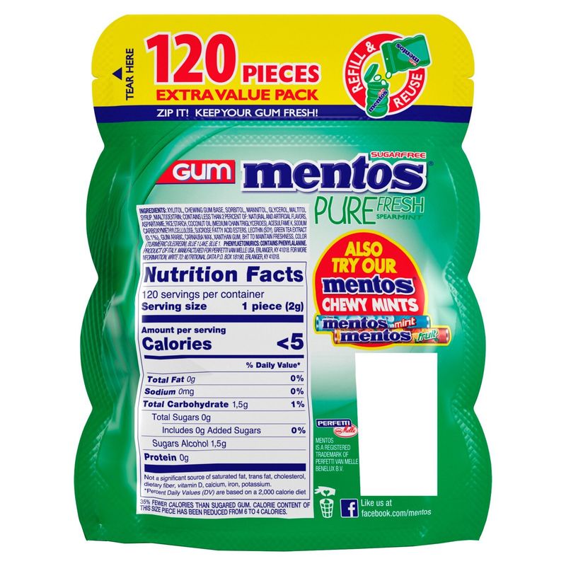 Mentos Pure Fresh Spearmint Sugarfree Gum Extra Value Pack, 120 count