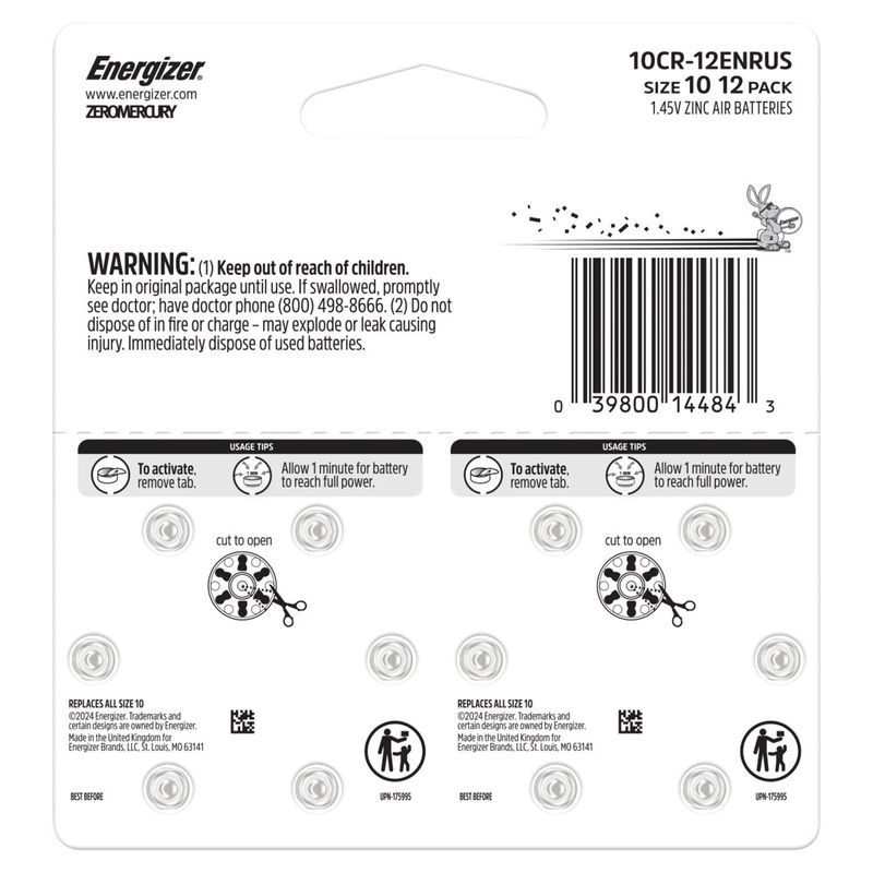 Energizer 1.45V Zinc Air Hearing Aid Batteries, Size 10, 12 count