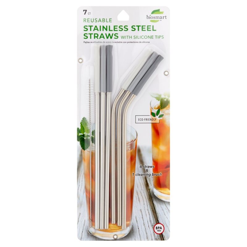 Biosmart Reusable Stainless Steel Straws with Silicone Tips, 7 count