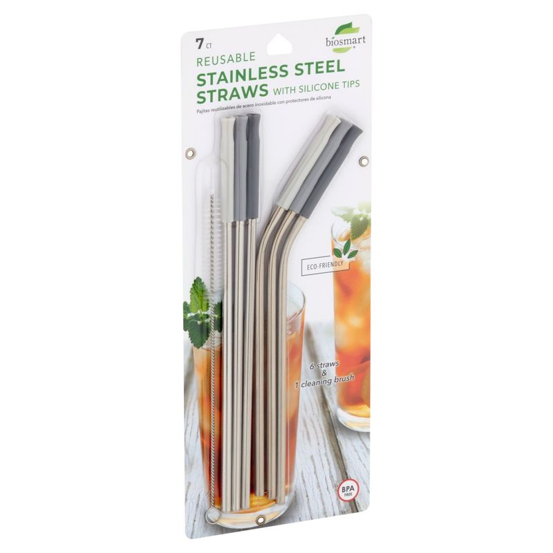 Biosmart Reusable Stainless Steel Straws with Silicone Tips, 7 count