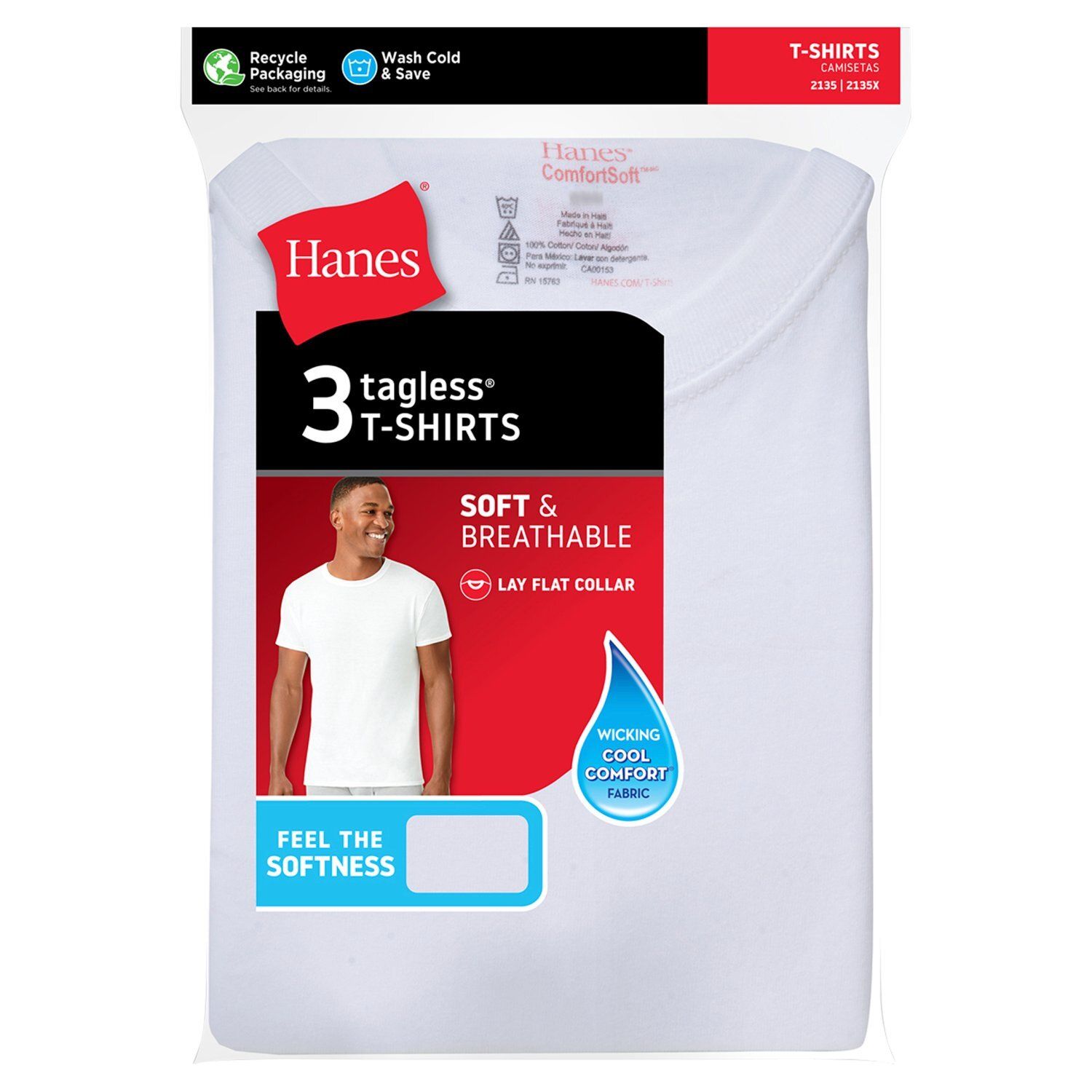 Hanes ComfortSoft Soft &amp; Breathable White Tagless T-Shirts, 3 count, Large