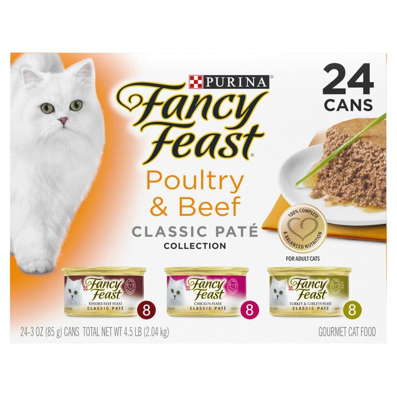 Purina Fancy Feast Poultry &amp; Beef Classic Paté Collection Gourmet Cat Food, 3 oz, 24 count