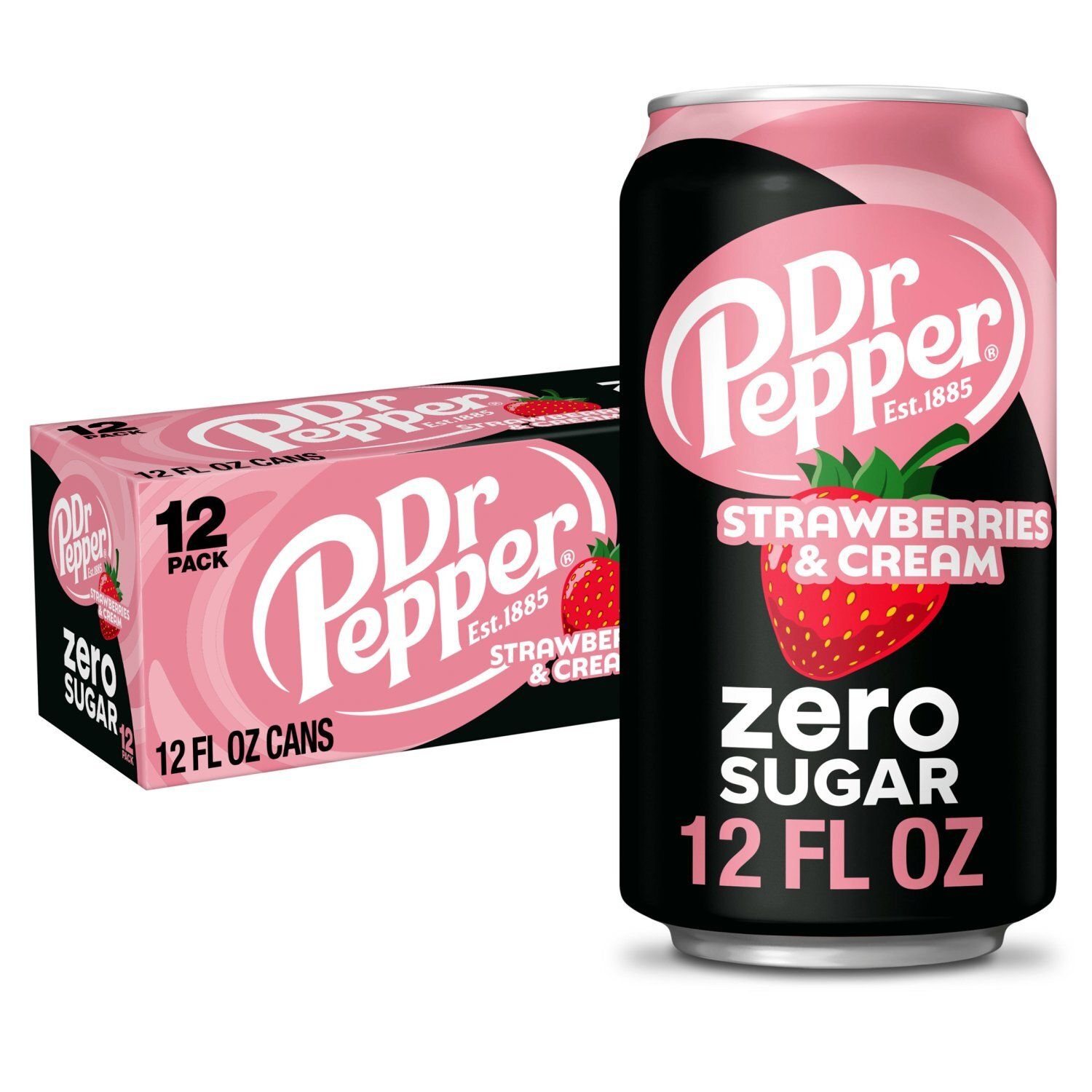 Dr Pepper Zero Sugar Strawberries &amp; Cream Soda, 12 fl oz, 12 count