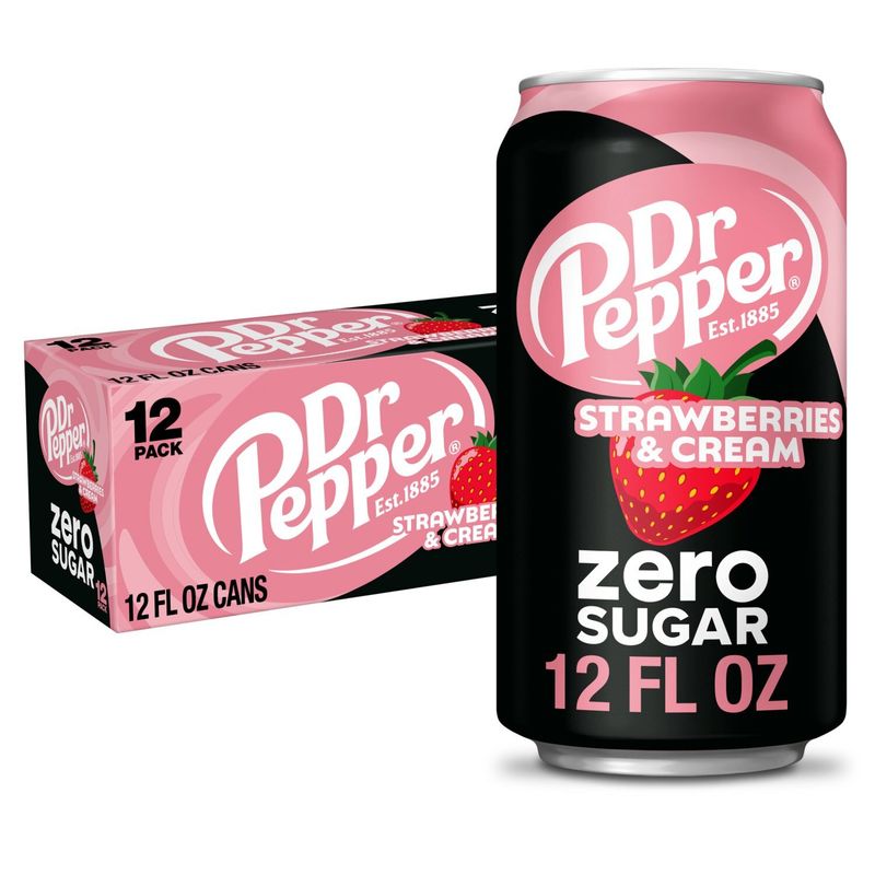 Dr Pepper Zero Sugar Strawberries &amp; Cream Soda, 12 fl oz, 12 count