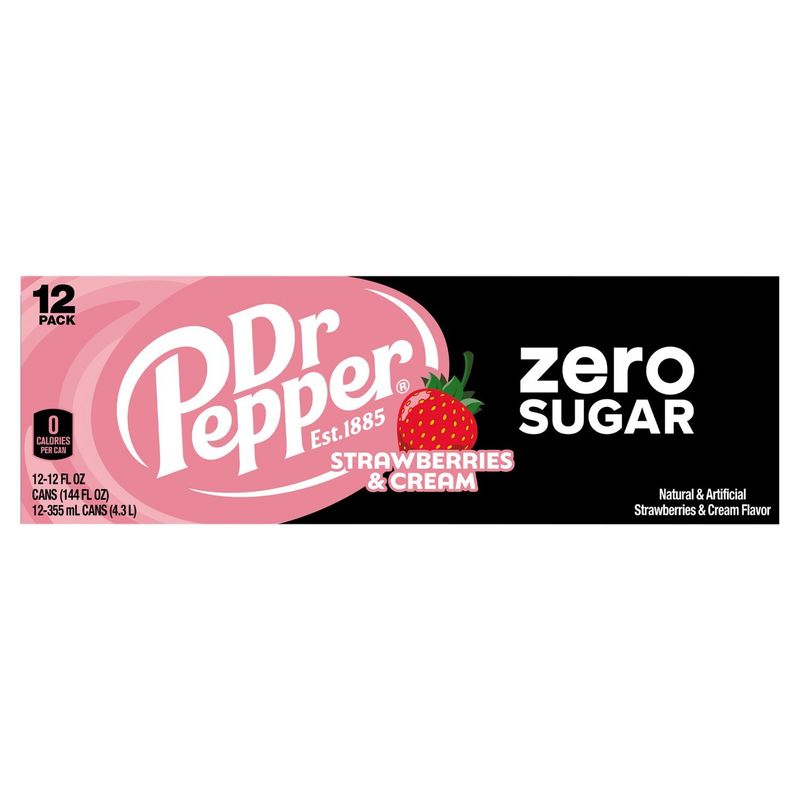 Dr Pepper Zero Sugar Strawberries &amp; Cream Soda, 12 fl oz, 12 count