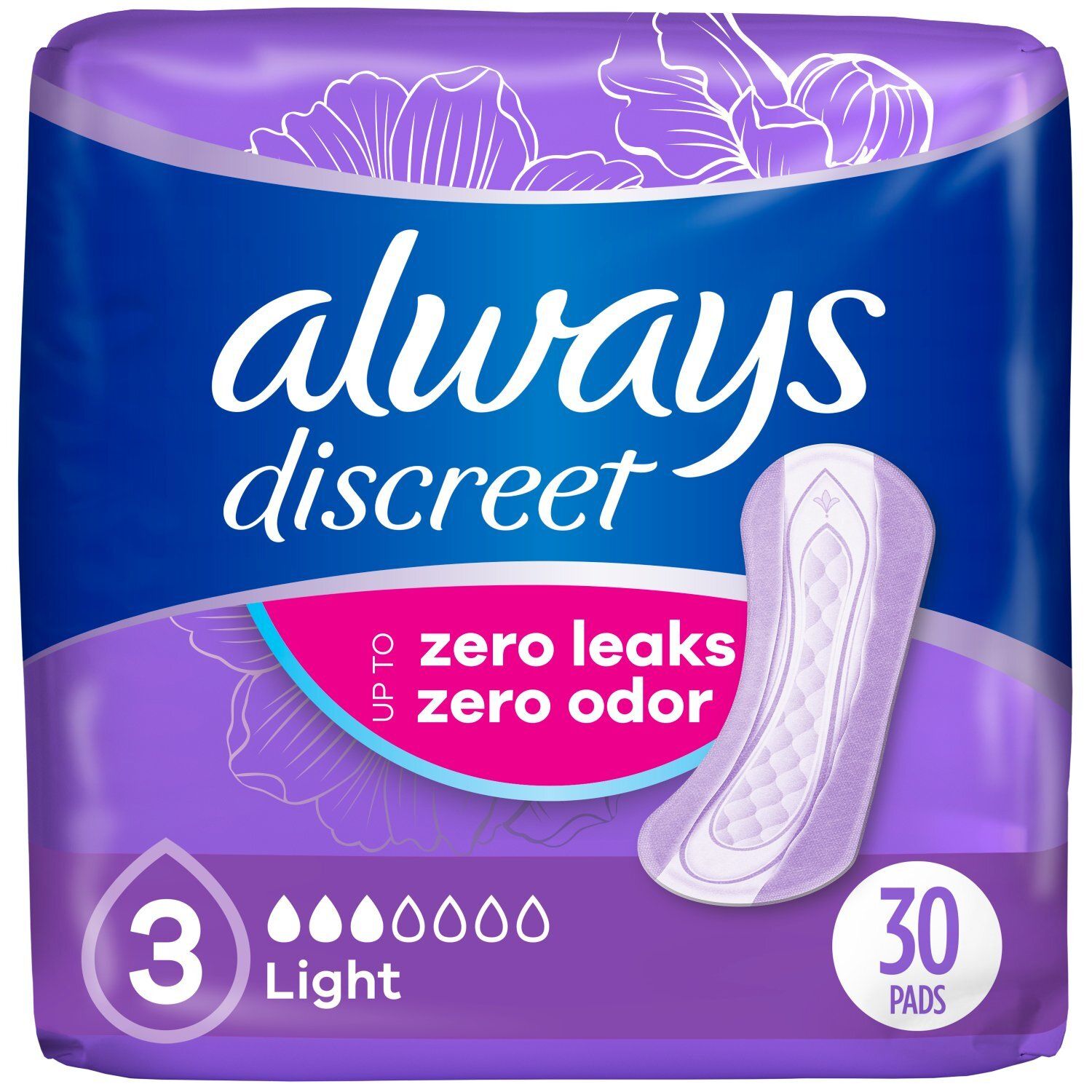 Always Discreet Adult Incontinence Pads for Women, Light Absorbency, Regular Length, Postpartum Pad