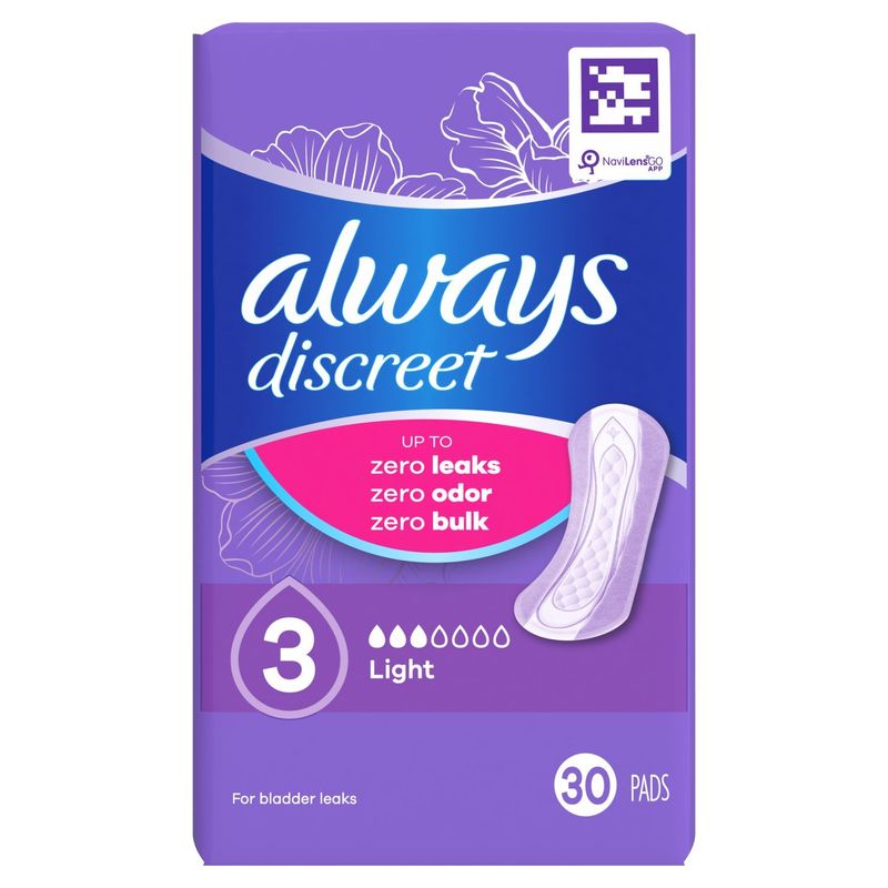 Always Discreet Adult Incontinence Pads for Women, Light Absorbency, Regular Length, Postpartum Pad